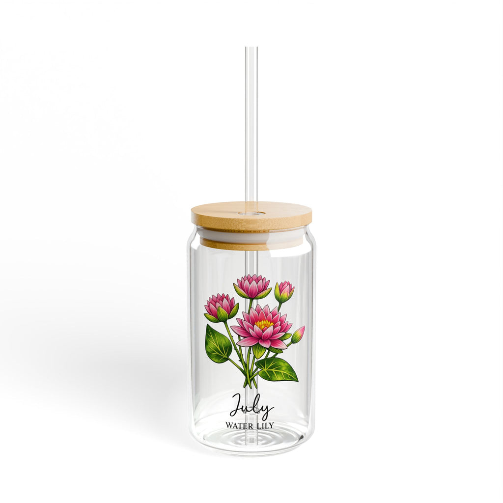 July Water Lily Birth Month Flower Glass Sipper  — 16oz Floral Drinking Jar with Bamboo Lid & Straw