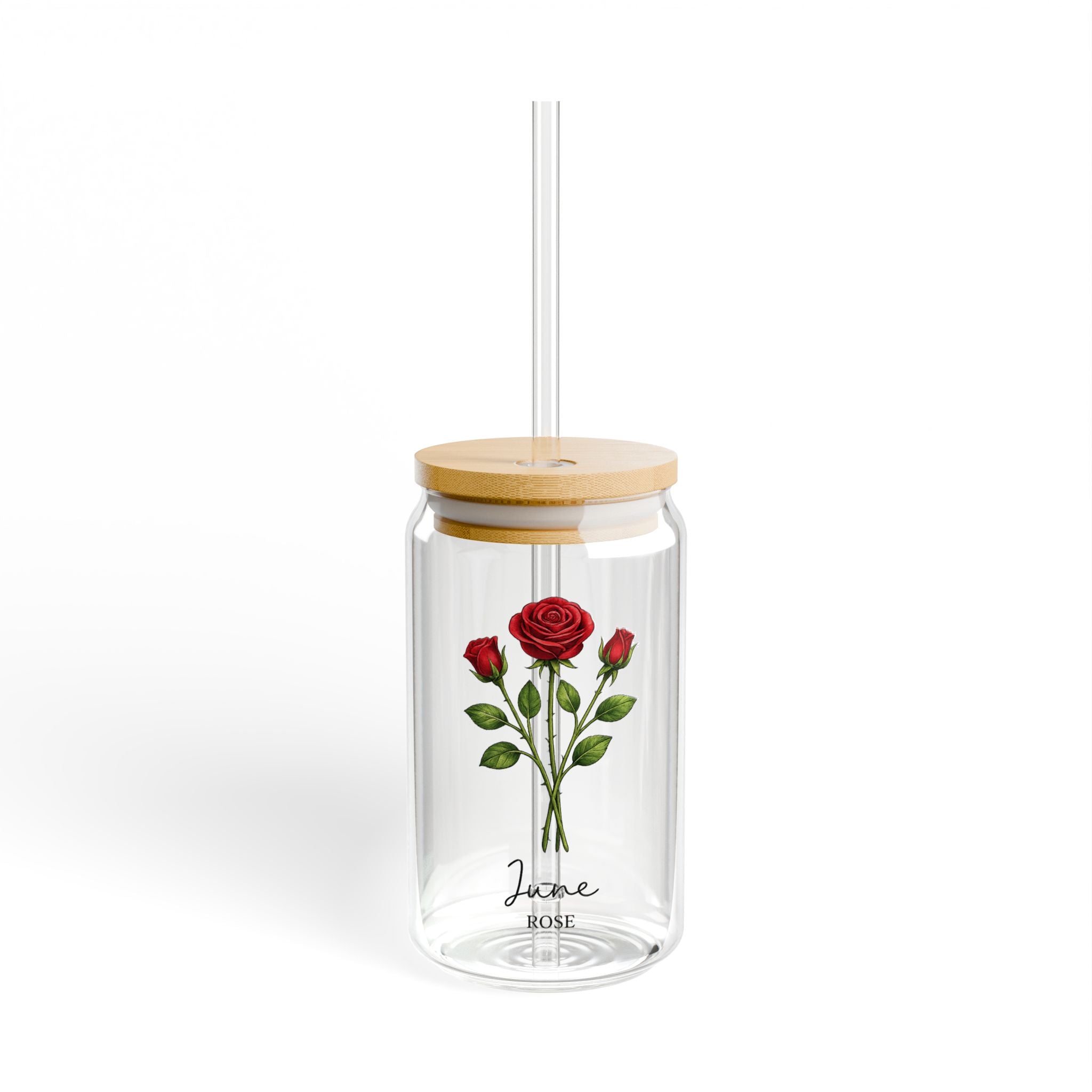 June Rose Birth Month Flower Sipper Glass — 16oz Floral Tumbler with Bamboo Lid & Straw