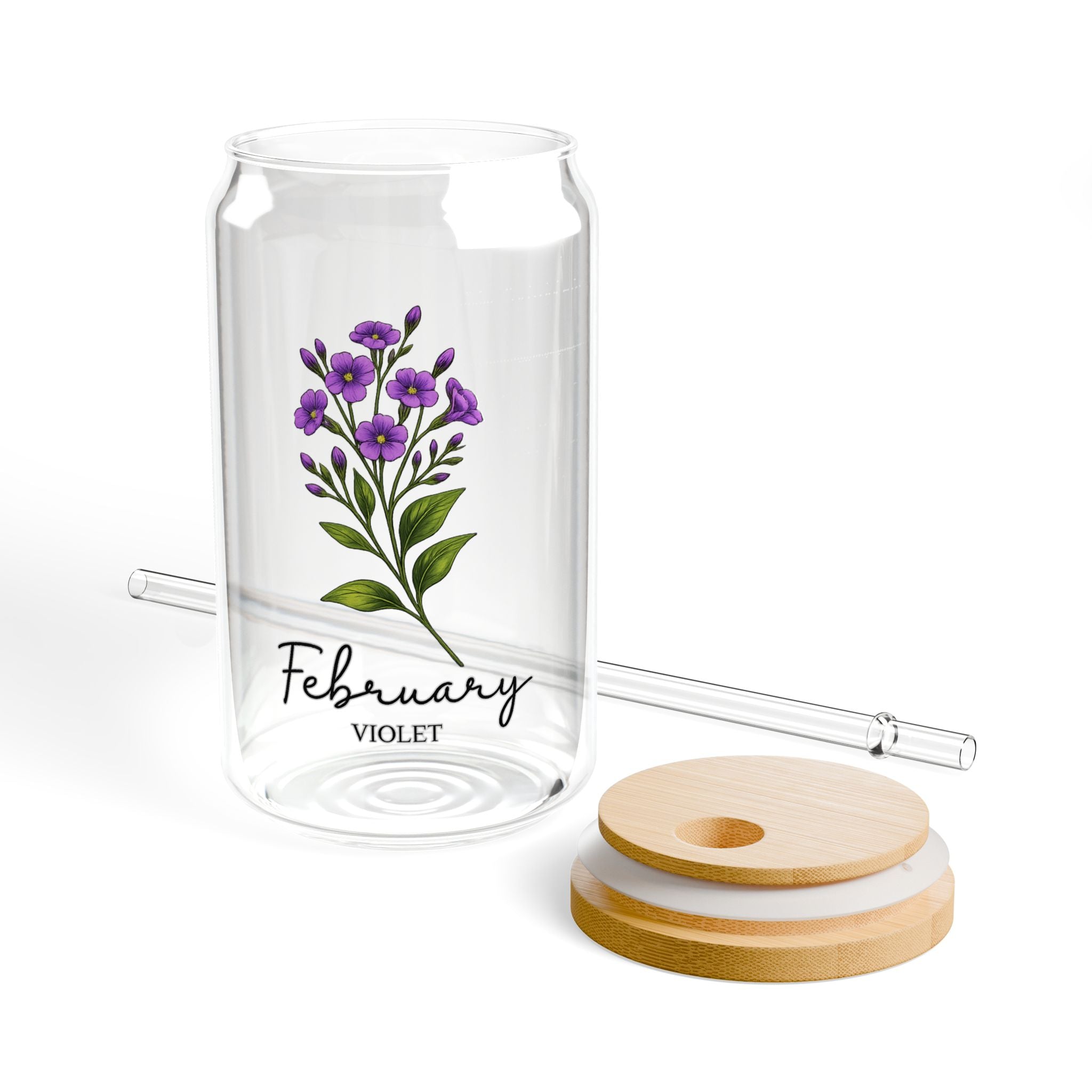 February Violet Birth Month Flower Sipper Glass — 16oz Floral Drink Tumbler
