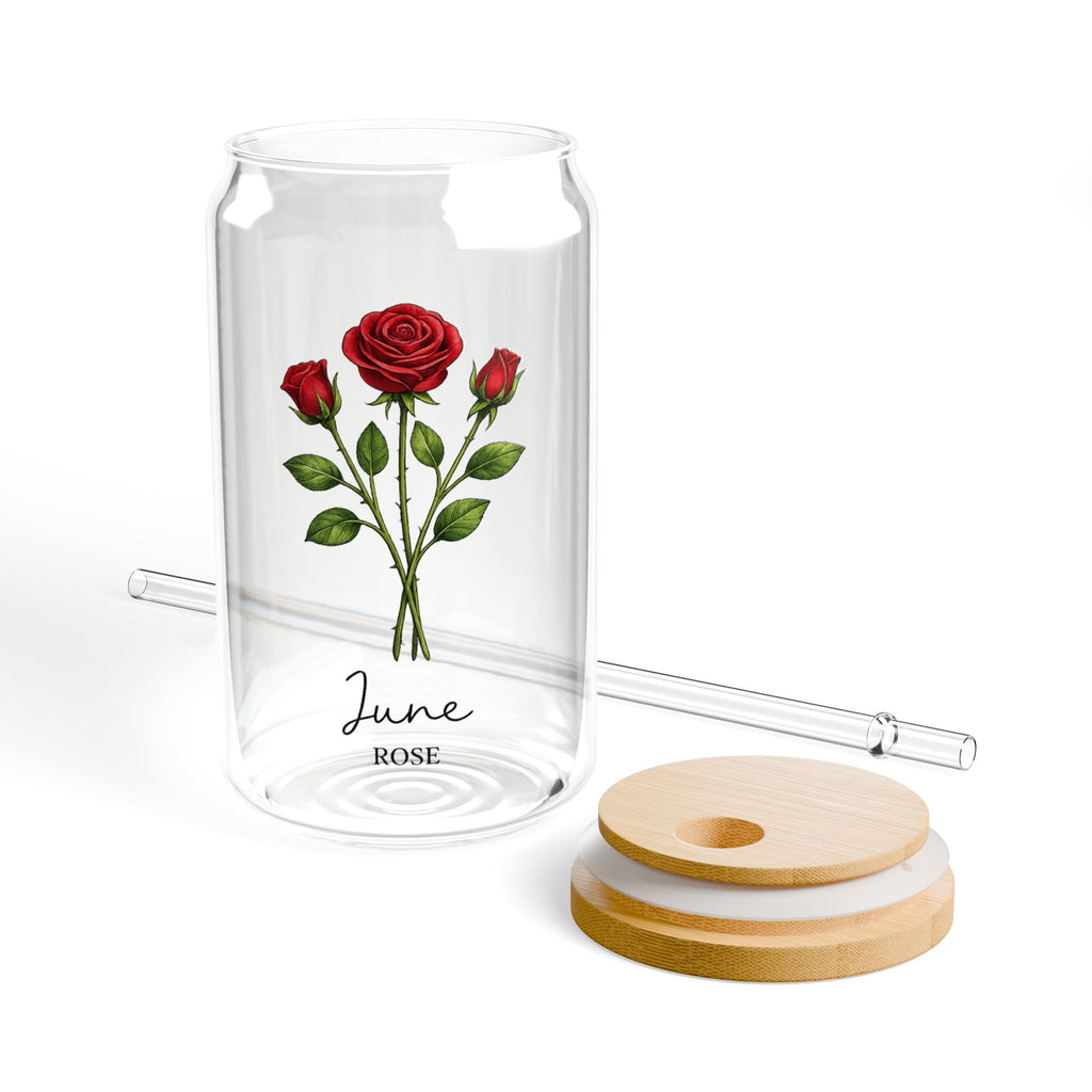 June Rose Birth Month Flower Sipper Glass — 16oz Floral Tumbler with Bamboo Lid & Straw