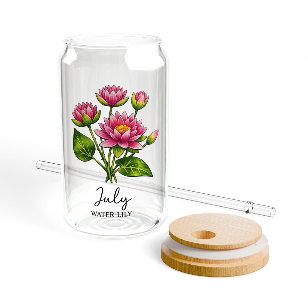 July Water Lily Birth Month Flower Glass Sipper  — 16oz Floral Drinking Jar with Bamboo Lid & Straw